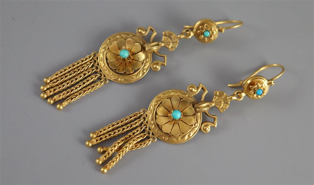 A pair of Victorian Etruscan style 15ct gold and turquoise set disc and tassel drop earrings,